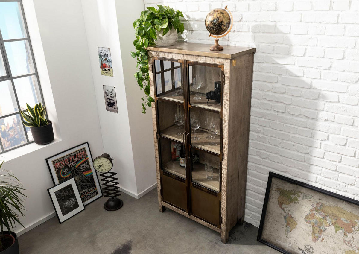 VITRINE Mango 90x40x180 braun lackiert HEAVY INDUSTRY #241 - Braun, Holz (90/180/40cm) - Massivmoebel24