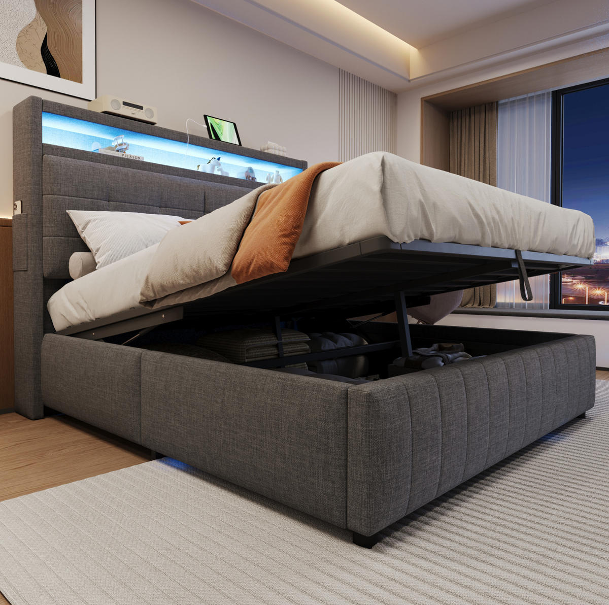 POLSTERBETT 160/200 cm grau aus Leinenstoff mit LED und Stauraum - Grau, Textil (160/200cm) - OKMYHOME