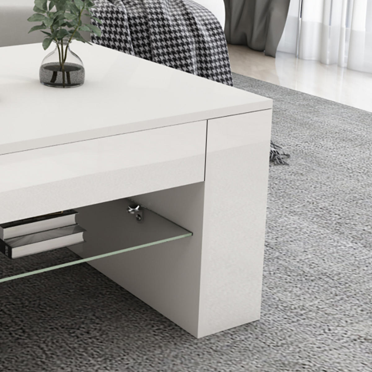 COUCHTISCH in hochglanz Weiß 100x42x60 cm aus Holz Glasablage - Weiß, Holzwerkstoff (60/42/100cm) - ML-DESIGN