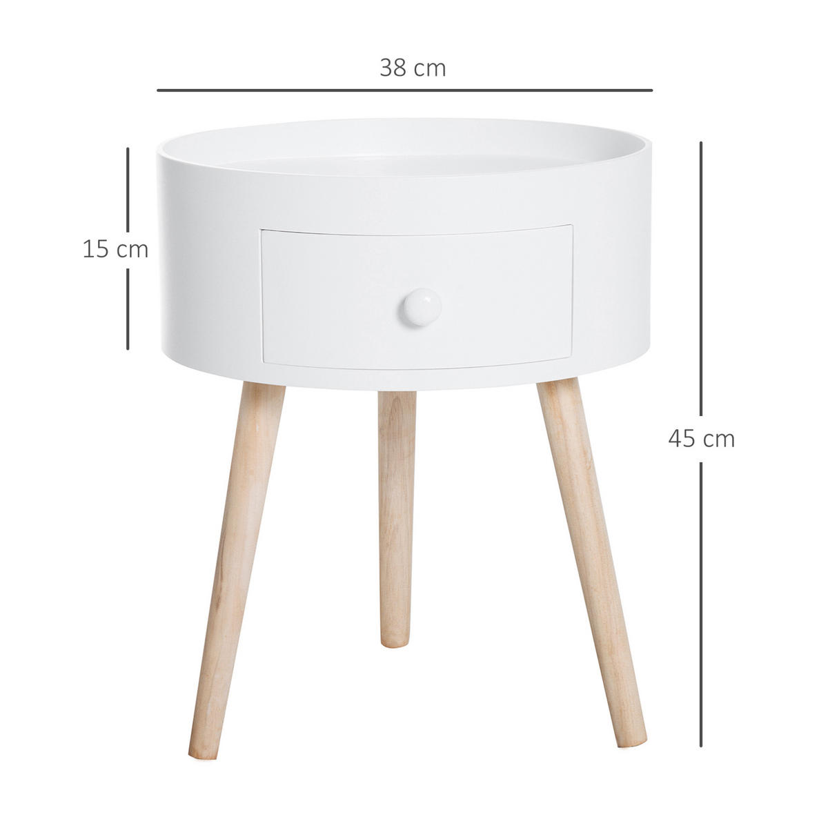 BEISTELLTISCH 38/38/45 cm Weiß runder Couchtisch mit Schublade skandinavisch - Weiß, Holzwerkstoff (38/38/95cm) - OKWISH