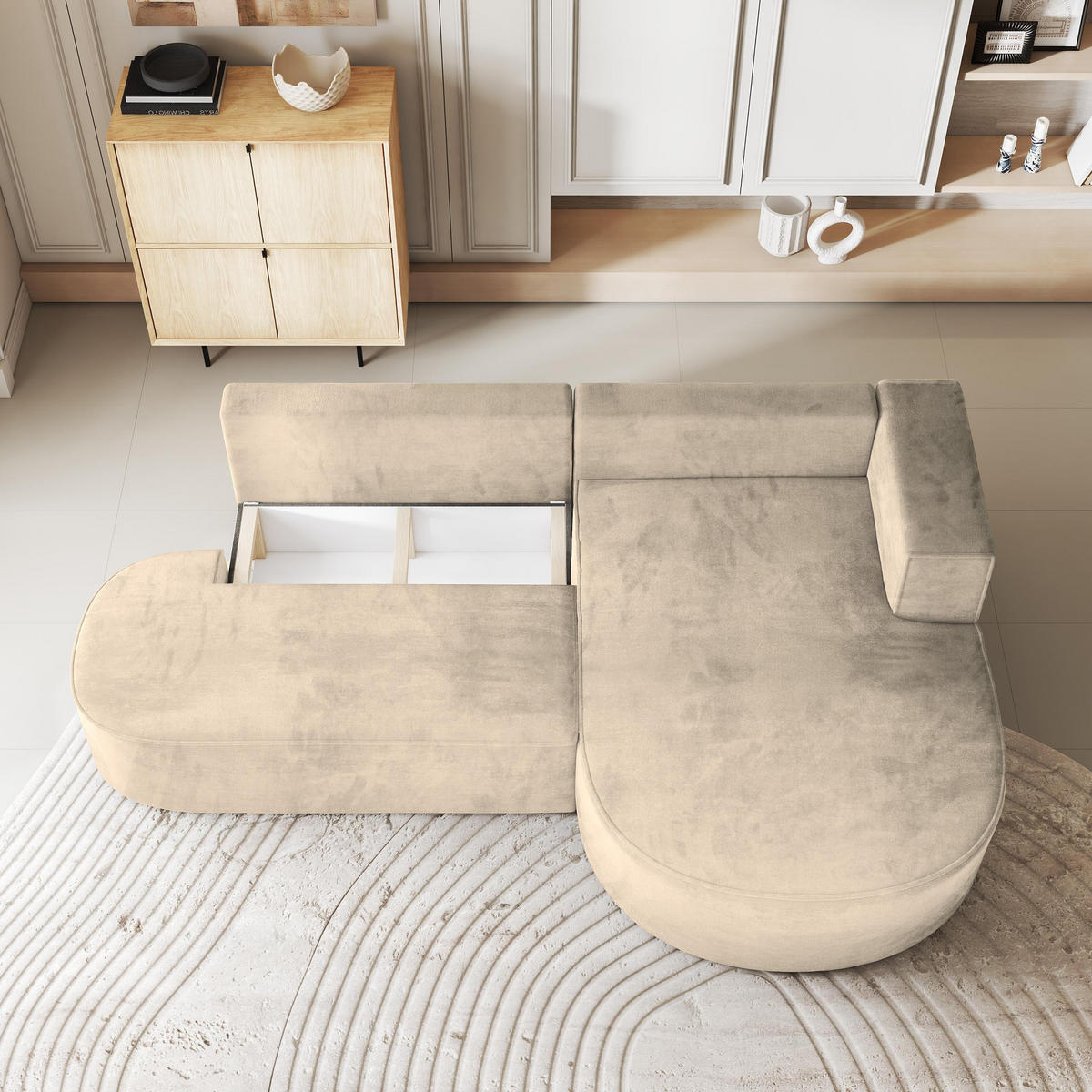 ECKSOFA CORTIO M R-S Creme Velours-Stoff mit Schlaffunktion - Creme, Holz (265/174cm) - MASSENO