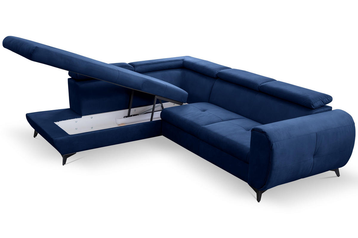 ECKSOFA MAGIA L-S Dunkelblau Plüsch-Stoff mit Schlaffunktion - Dunkelblau, Holz (260/217cm) - MASSENO