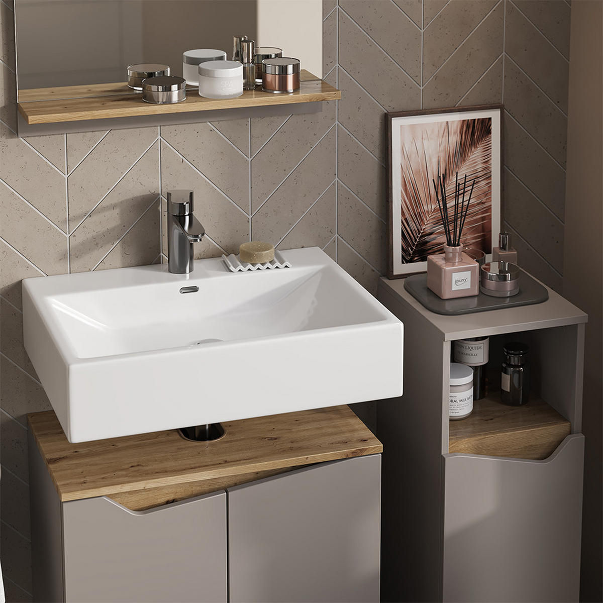 BADMÖBEL-KOMBINATION Marelle Greige 3 Teile, mit Midischrank - Greige, Holzwerkstoff (60/57/35cm) - Vicco