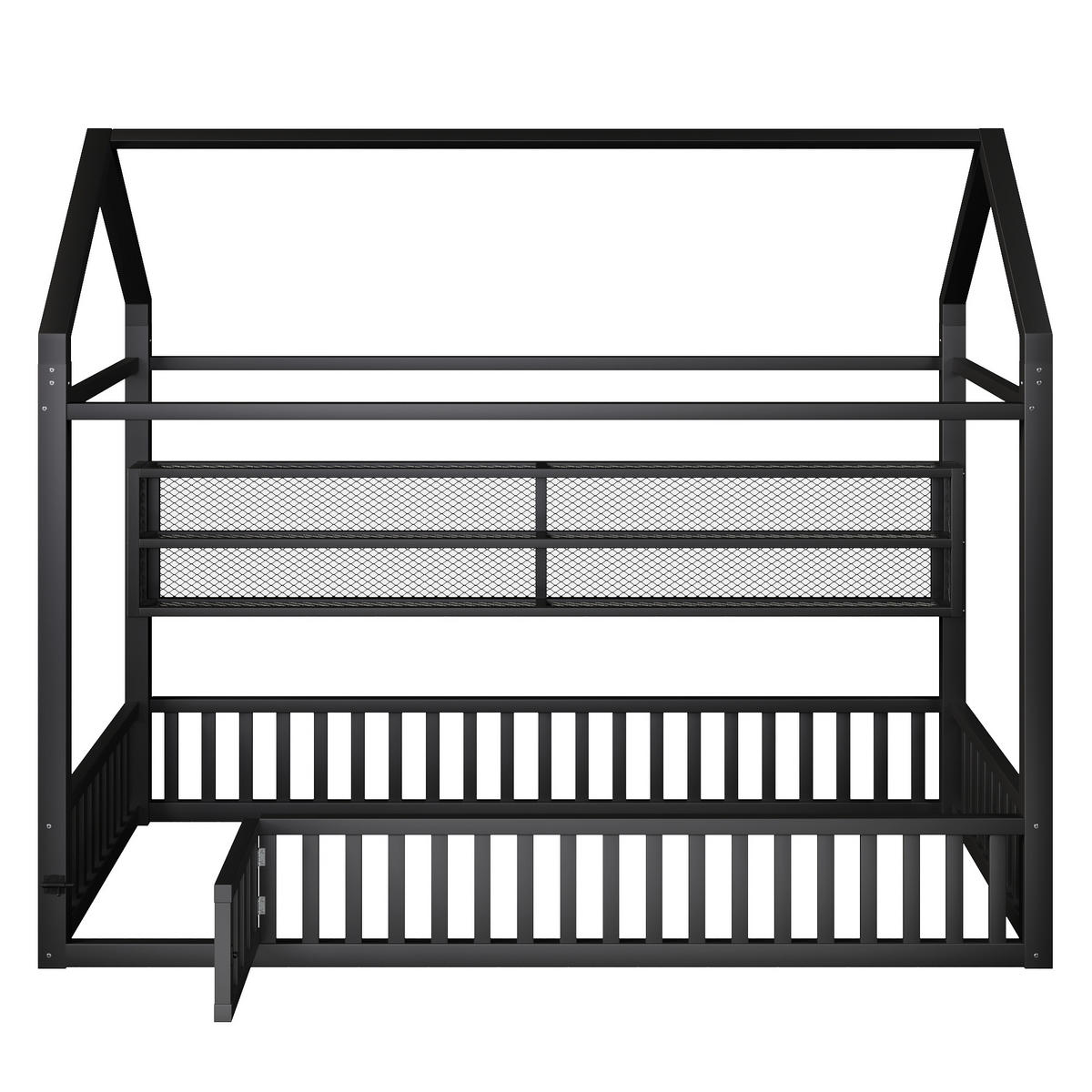 HAUSBETT 90/200 cm schwarz aus Metall mit Sicherheitszaun und LED - Schwarz, Metall (90/200cm) - OKWISH