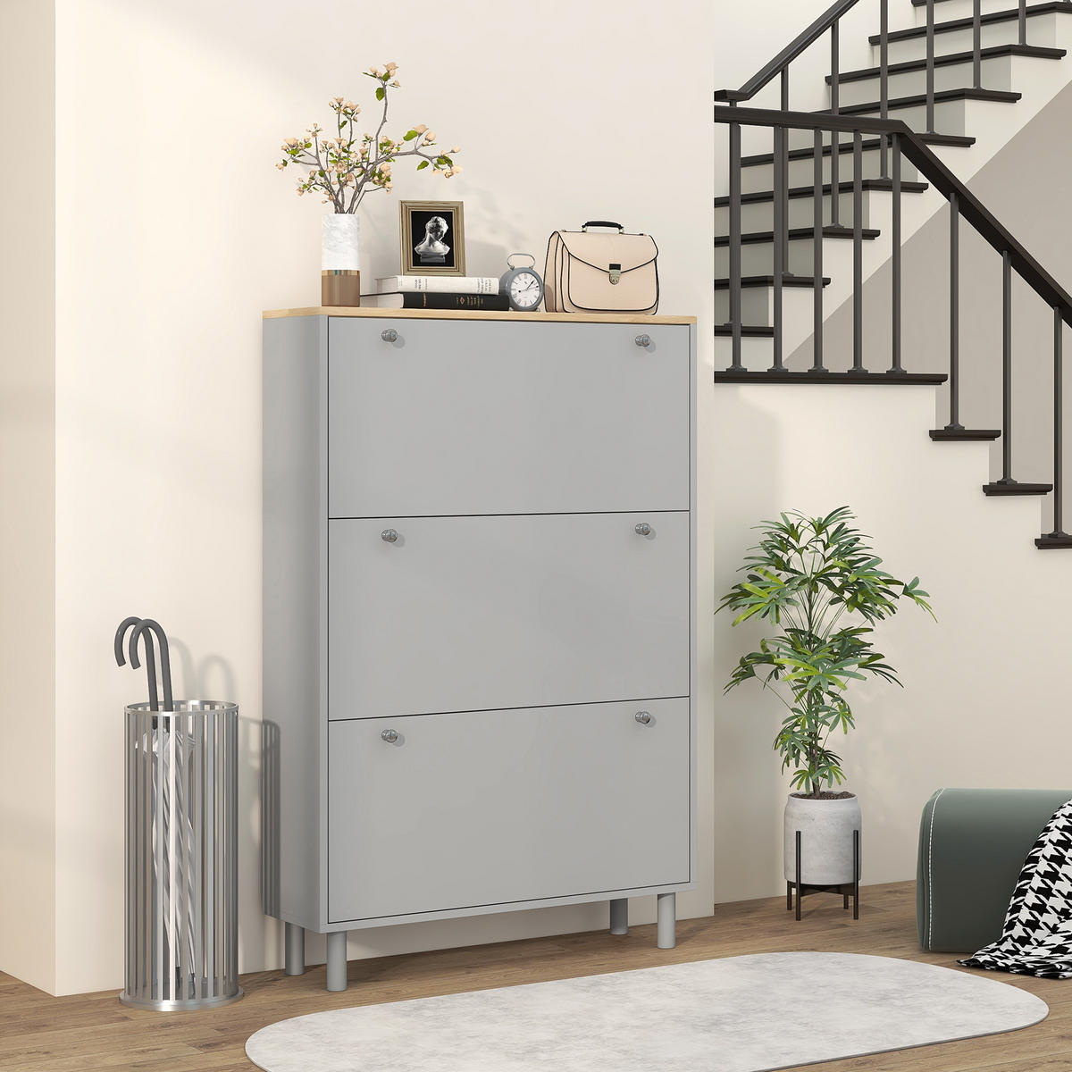 SCHUHSCHRANK für 24 Paar Schuhe mit 3 Klappschubladen und verstellbaren Einlegeböden, 80 x 23,5 x 121 cm, grau - Grau, Holzwerkstoff (80/121/23.5cm) - HOMCOM