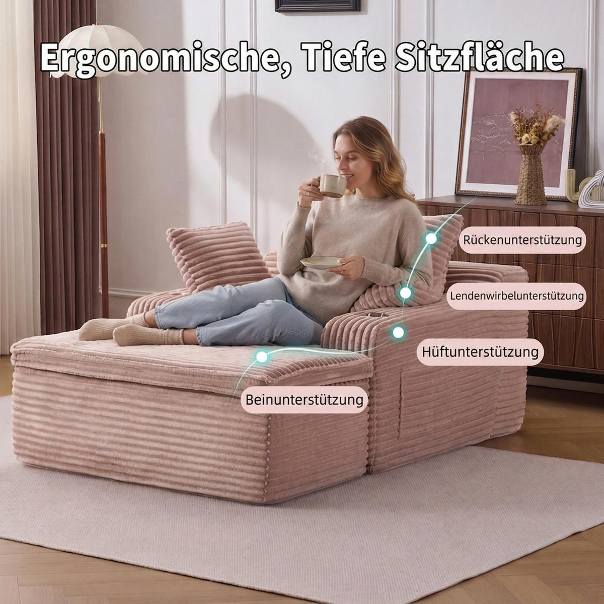 SCHLAFSOFA 165/112/63 cm Rosa mit Chaiselongue, 3 Kissen und 1 Decke - Rosa, Textil (112/63/165cm) - Oxeza