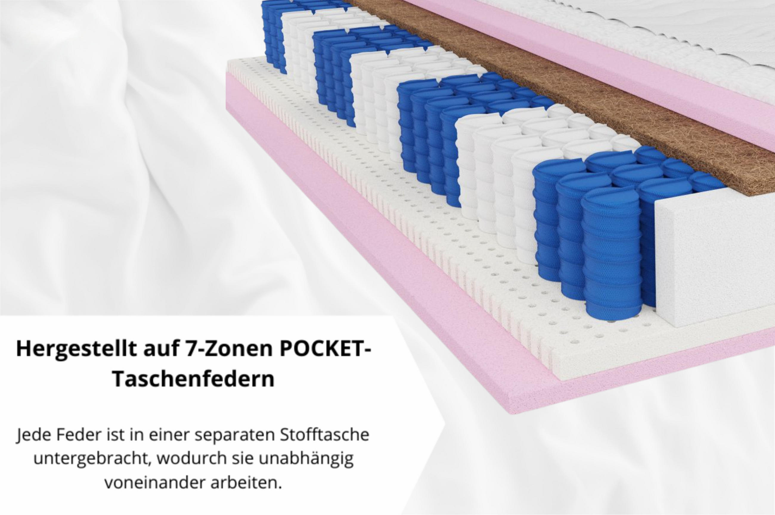 TASCHENFEDERKERNMATRATZE 7 ZONEN Comfort 80x200x26 cm, Latex -Kokos Matratze Härtegrad H3/H4, Farbe: Weiß, inkl. Bezug - Weiß, Textil (80/200cm) - Marpur