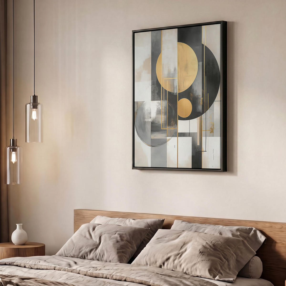 LEINWAND Bilder mit Rahmen - Abstrakt - Gold - Silber - Formen - Ästhetisch - Modern - 60x80 - Goldfarben, Textil (60/80cm) - MuchoWow