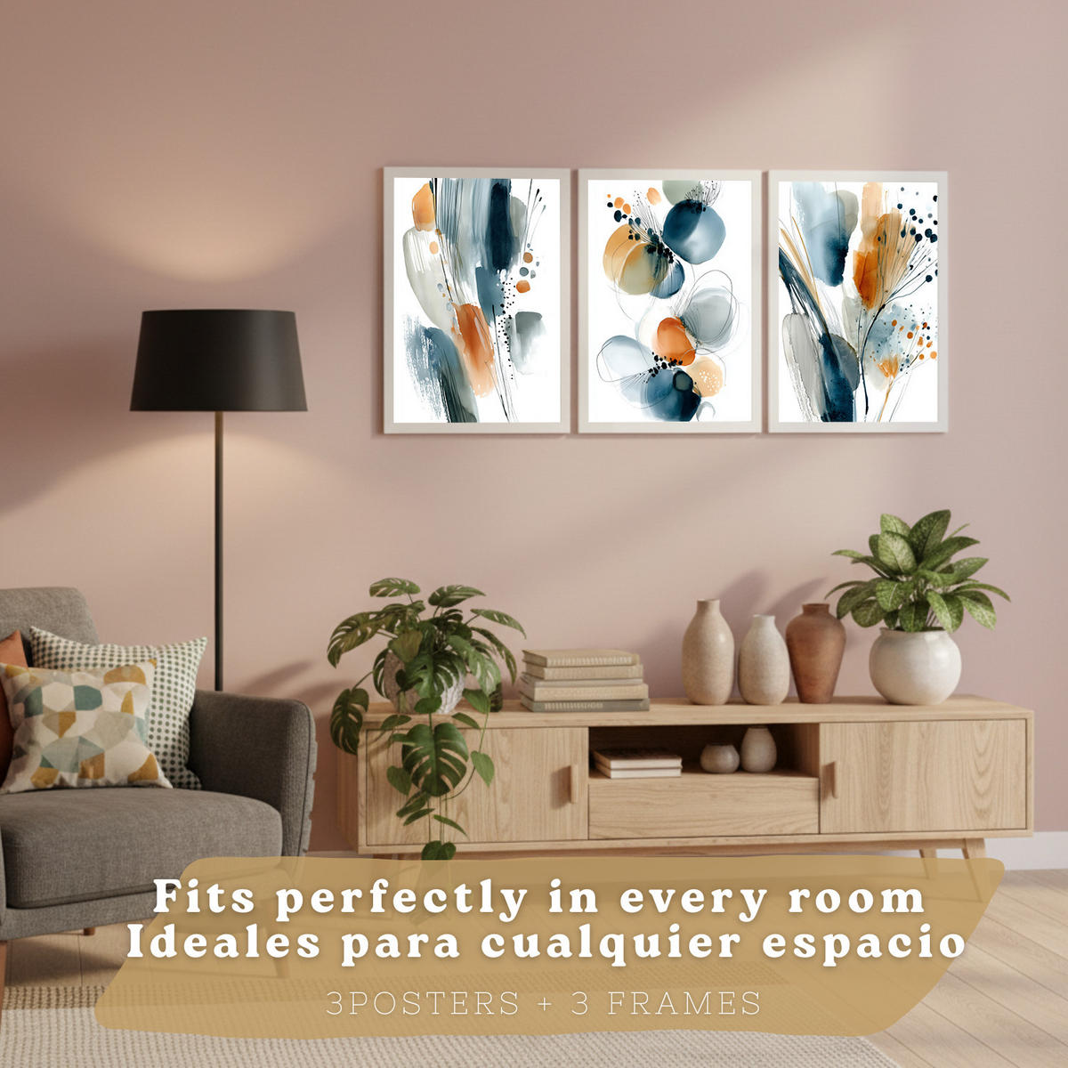 PLAKAT Sada 3 dekorativních nástěnných tisků Abstraktní akvarelové obrazy,oranžová. Moderní malby do obývacího pokoje. Velikost A4 Bílý rám - bílá, papír (29.7/42/3cm)