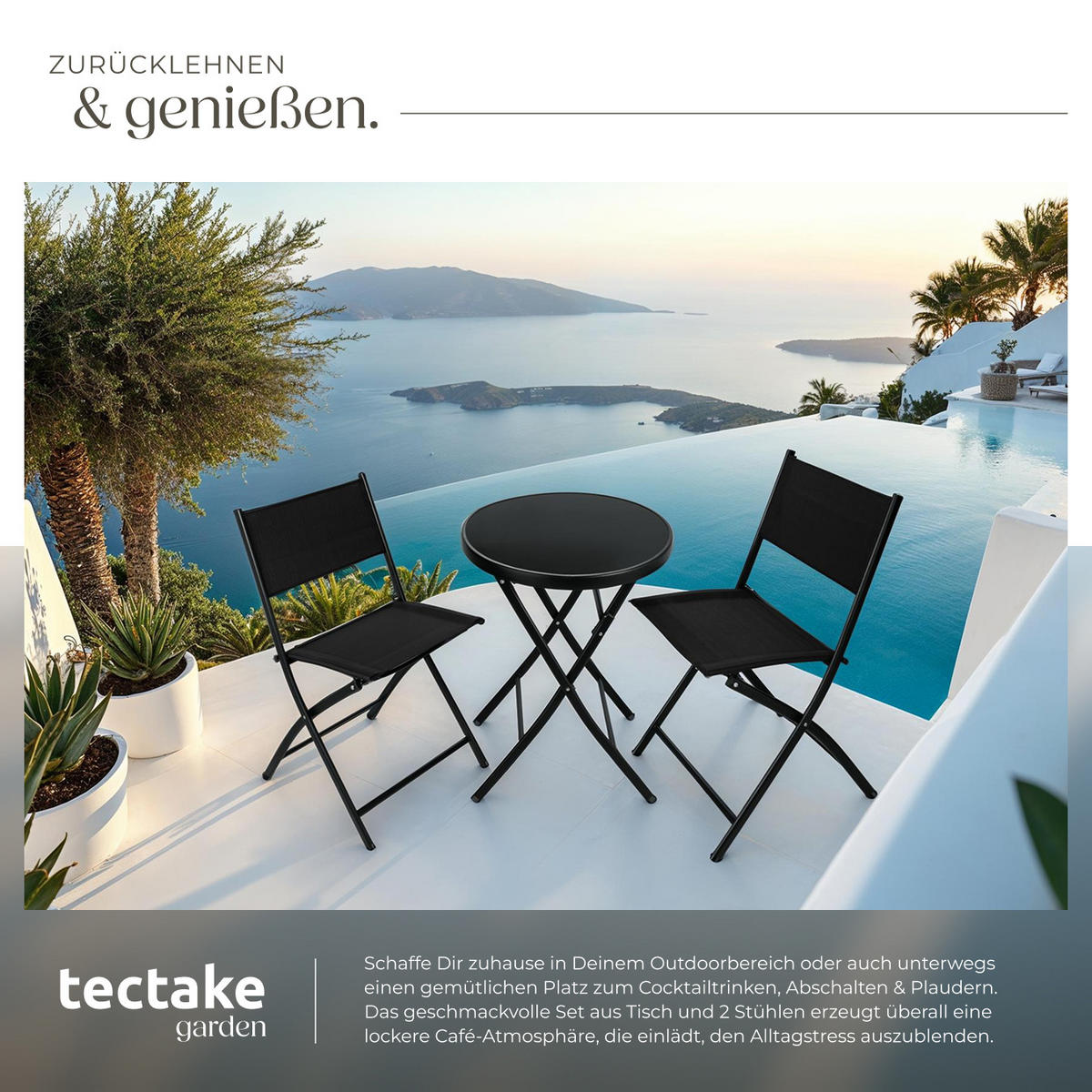 BISTRO-SET Düsseldorf,Tisch mit Sicherheitsglasplatte,schwarz - Schwarz, Naturmaterialien/Kunststoff - tectake