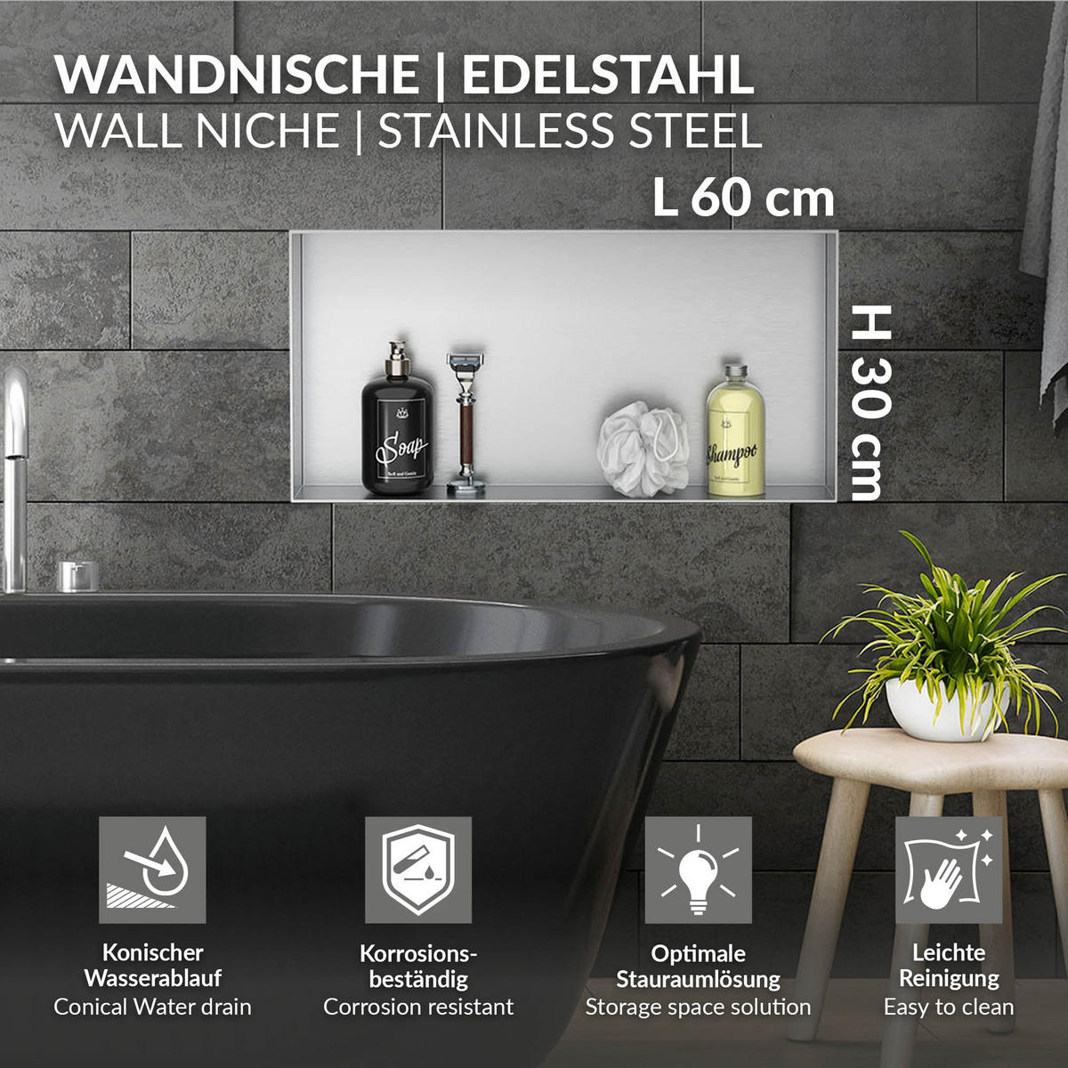 DUSCHNISCHE Silber 60/30 cm randlos - Silberfarben, Metall (60/30/10cm) - LuxeBath