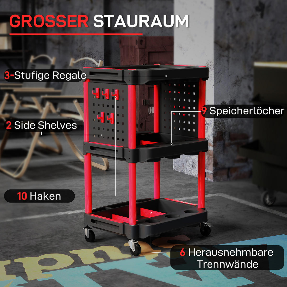 WERKSTATT-ROLLWAGEN mit 3 Etagen, Seitenlochregalen, Werkzeugwagen mit Haken - Schwarz, Kunststoff (47.5/89/56.5cm) - HOMCOM