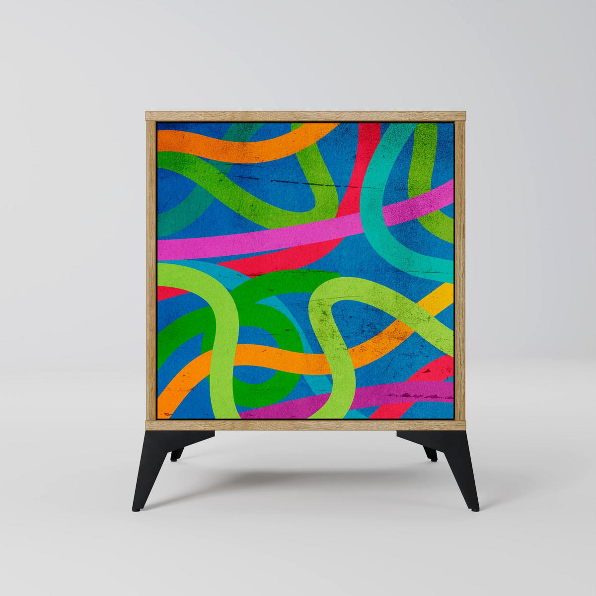 SIDEBOARD STREAMER TANGLE, Eichefarben, 57,5x42x70,5 cm, Schwarze Metall-Sternfüße - Eichefarben/Multicolor, Holzwerkstoff/Metall (57.5/70.5/42cm) - SpaceRebels