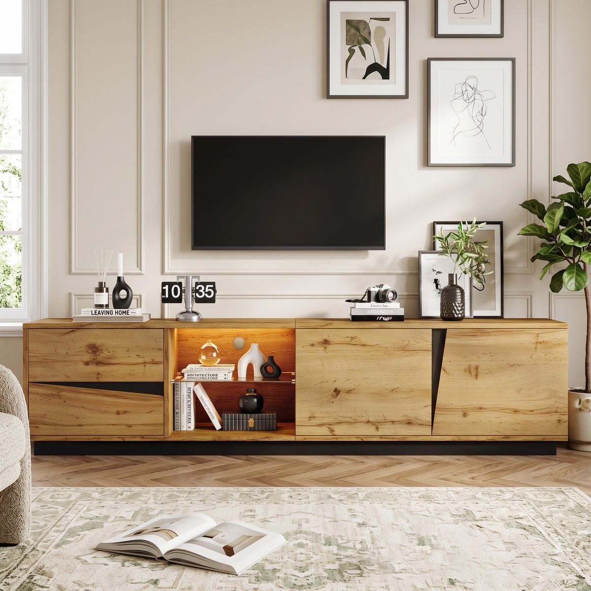 TV-LOWBOARD 170cm MDF Weiß Riffel-Optik 5 Türen Eisenfüße & Griffe - Naturfarben, Holzwerkstoff (180/45/35cm) - Urban Meuble