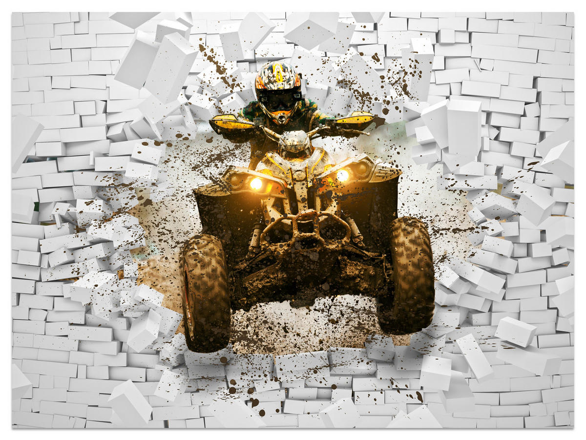 FOTOTAPETE für Büro Schlammbedecktes Quad Durchbricht Backsteinmauer 150x105 - Gelb/Beige, Papier (150/105cm) - Muralo