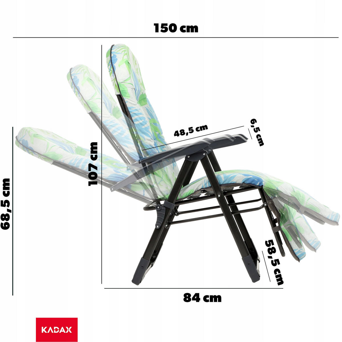 GARTENLIEGESTUHL 150 x 68 cm „Leaves“ - Blau/Grau, Metall (58/150cm) - KADAX