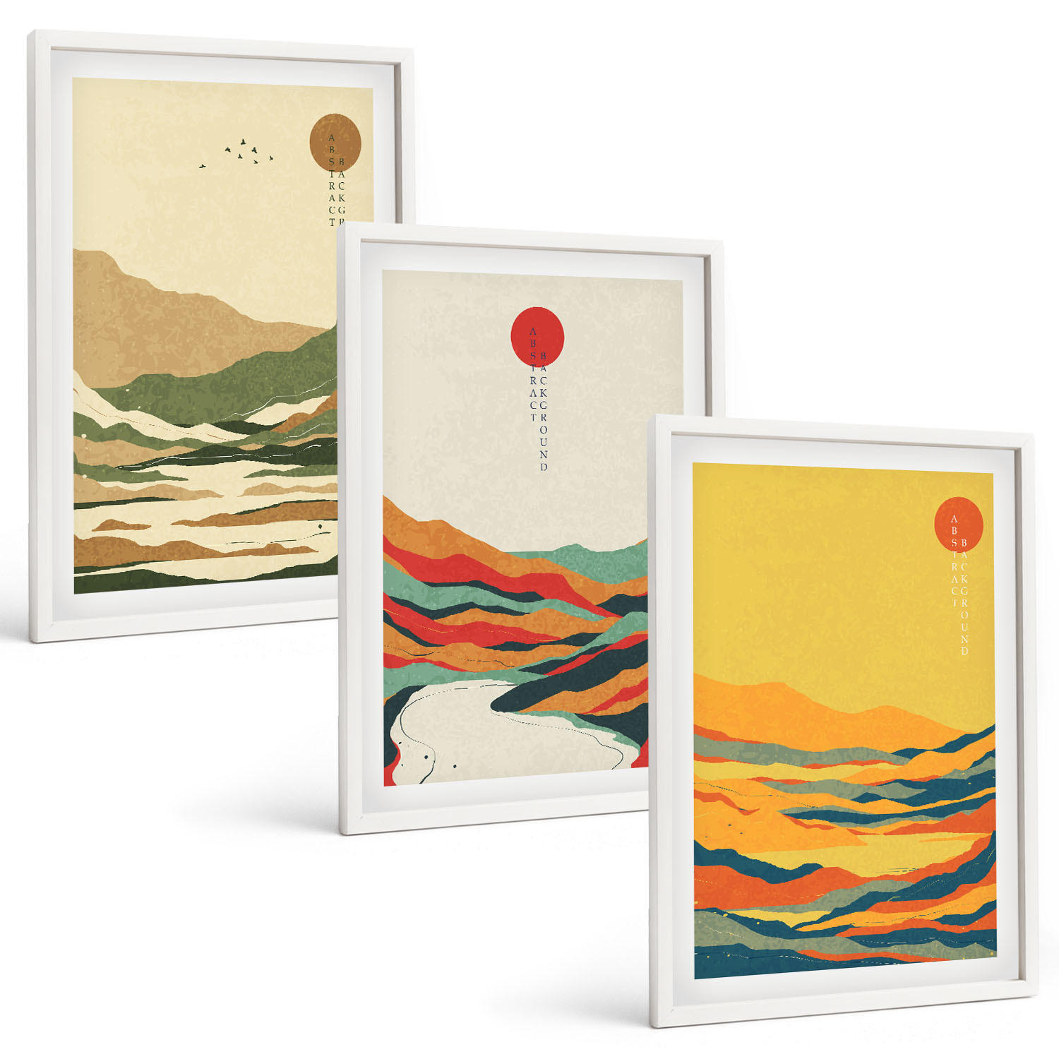 BILDER SET 3er Set - 40x60 cm Weißer Rahmen - Farbenfrohe Muster der Japandi-Flussberge - Weiß, Kunststoff (40/60cm) - TULUP