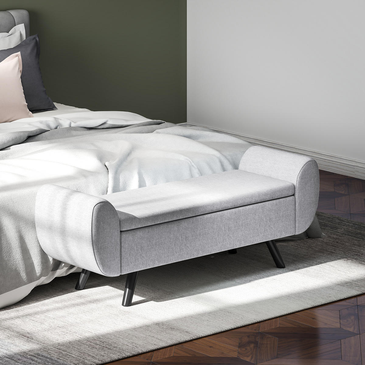 SITZBANK Grau mit Stauraum 132/42/50 cm - Hellgrau/Grau, Holz/Textil (42/50/132cm) - PANGIVO
