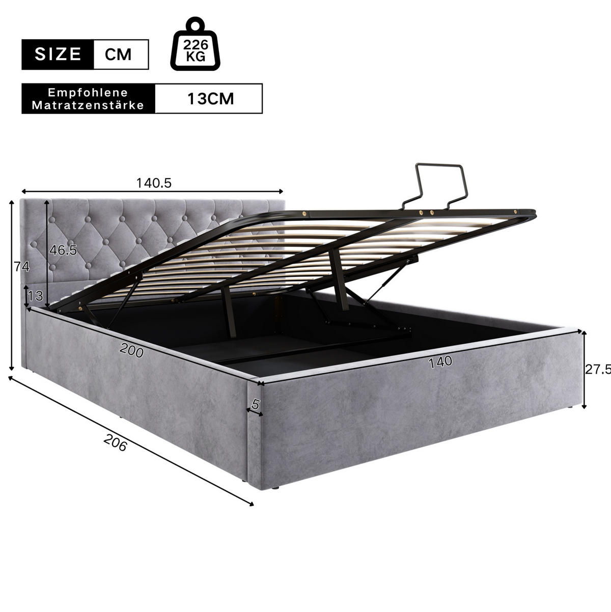 POLSTERBETT 140/200 cm Grau aus Samt mit Bettkasten - Grau, Textil (140/200cm) - OKMYHOME