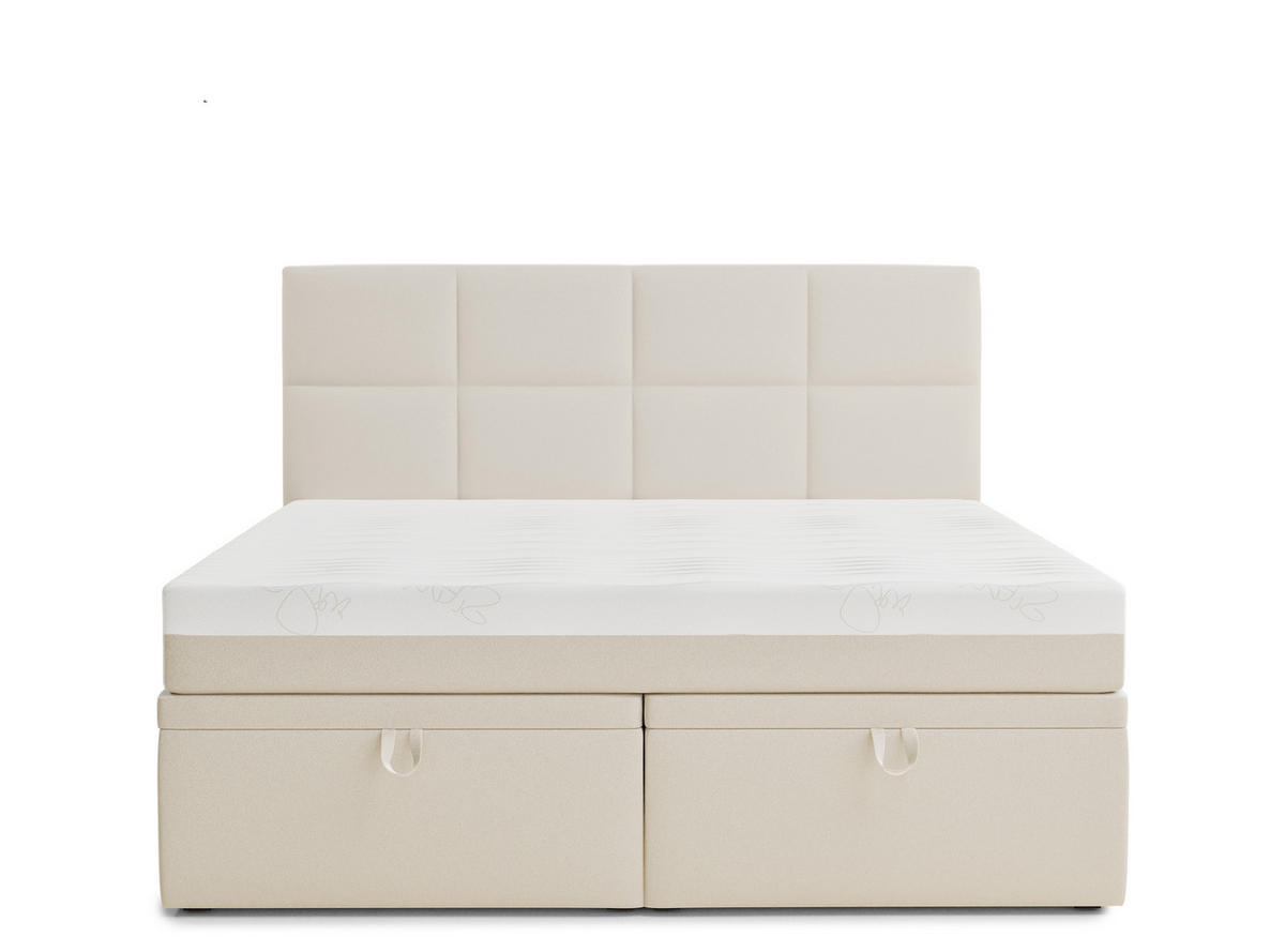 BOXBETT 140/200 cm Umage, in Hellbeige, Matratze, gepolstertes Kopfteil, Bettkasten, H3 = fest - Beige/Schwarz, Holz/Holzwerkstoff (140/200cm) - Maison de Reve