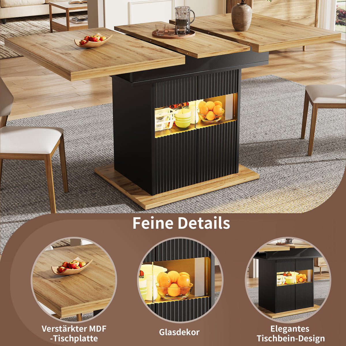 ESSTISCH Ausziehbar LED Stauraum Schwarz Holz - Schwarz, Metall (80/110/76cm) - FLIEKS