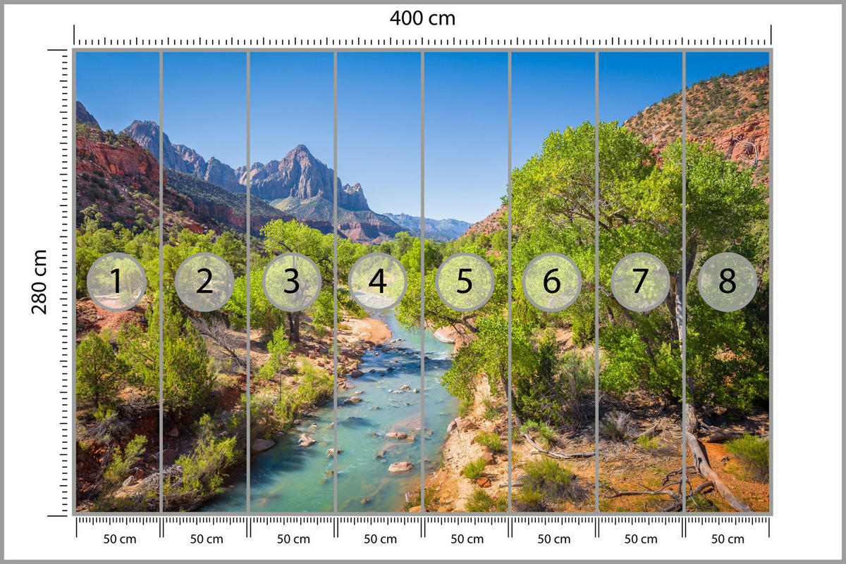 FOTOTAPETE für Esszimmer Virgin River Bäume Felsen Berge Natur 400x280 - Türkis/Blau, Papier (400/280cm) - Muralo