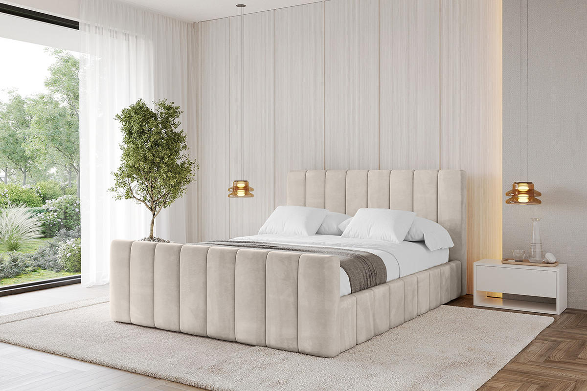 POLSTERBETT mit Bettkasten, Fußteil und Lattenrost, Boxbett mit Matratze H3/H4 - FINO-Z 180x200 Beige - Beige, Holzwerkstoff/Textil (180/200cm) - ALTDECOR