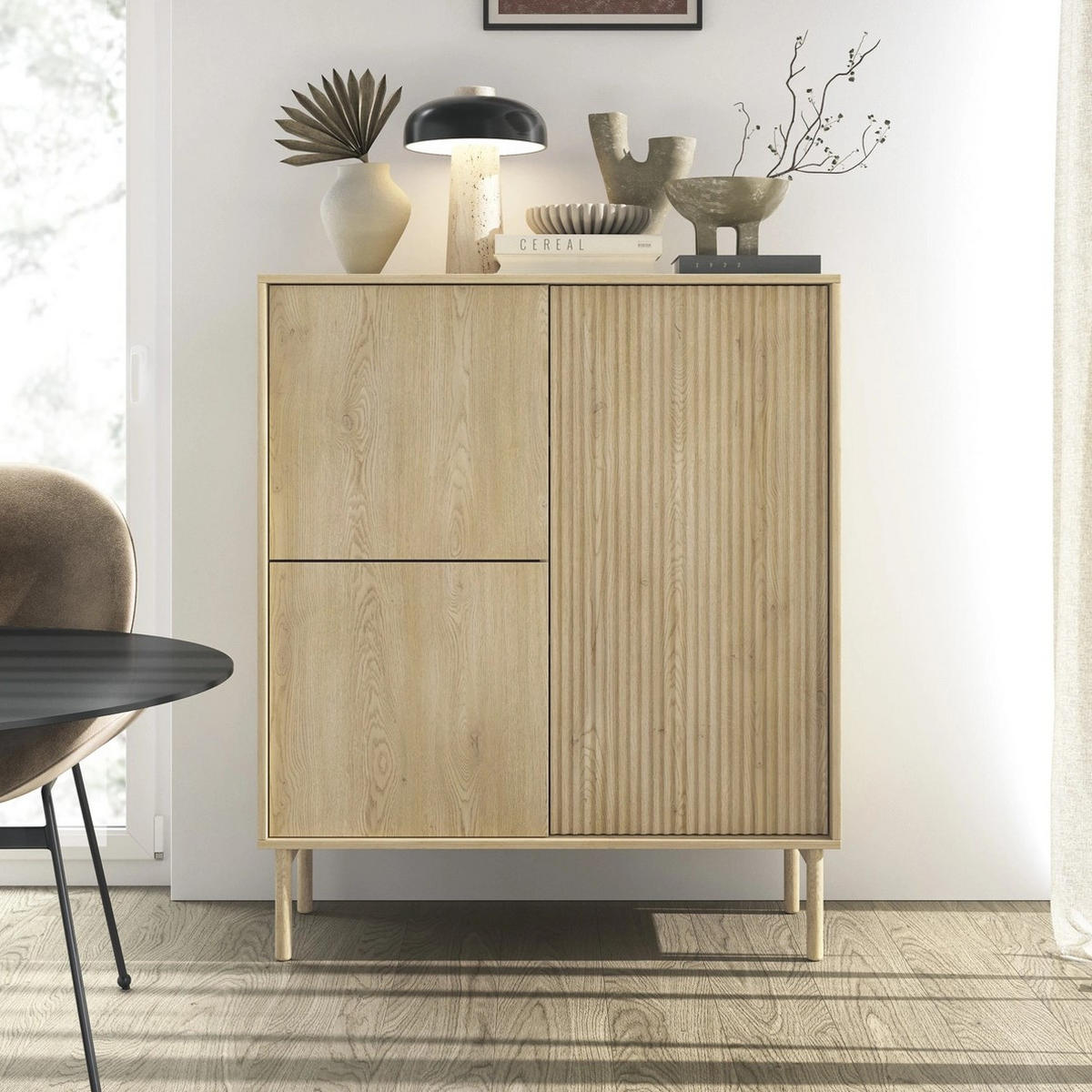 HIGHBOARD TAVO 104 cm Eiche Cremona - mit Riffel-Fronten und Holzfüßen - Eichefarben, Holz/Holzwerkstoff (103/122/39cm) - Ravio