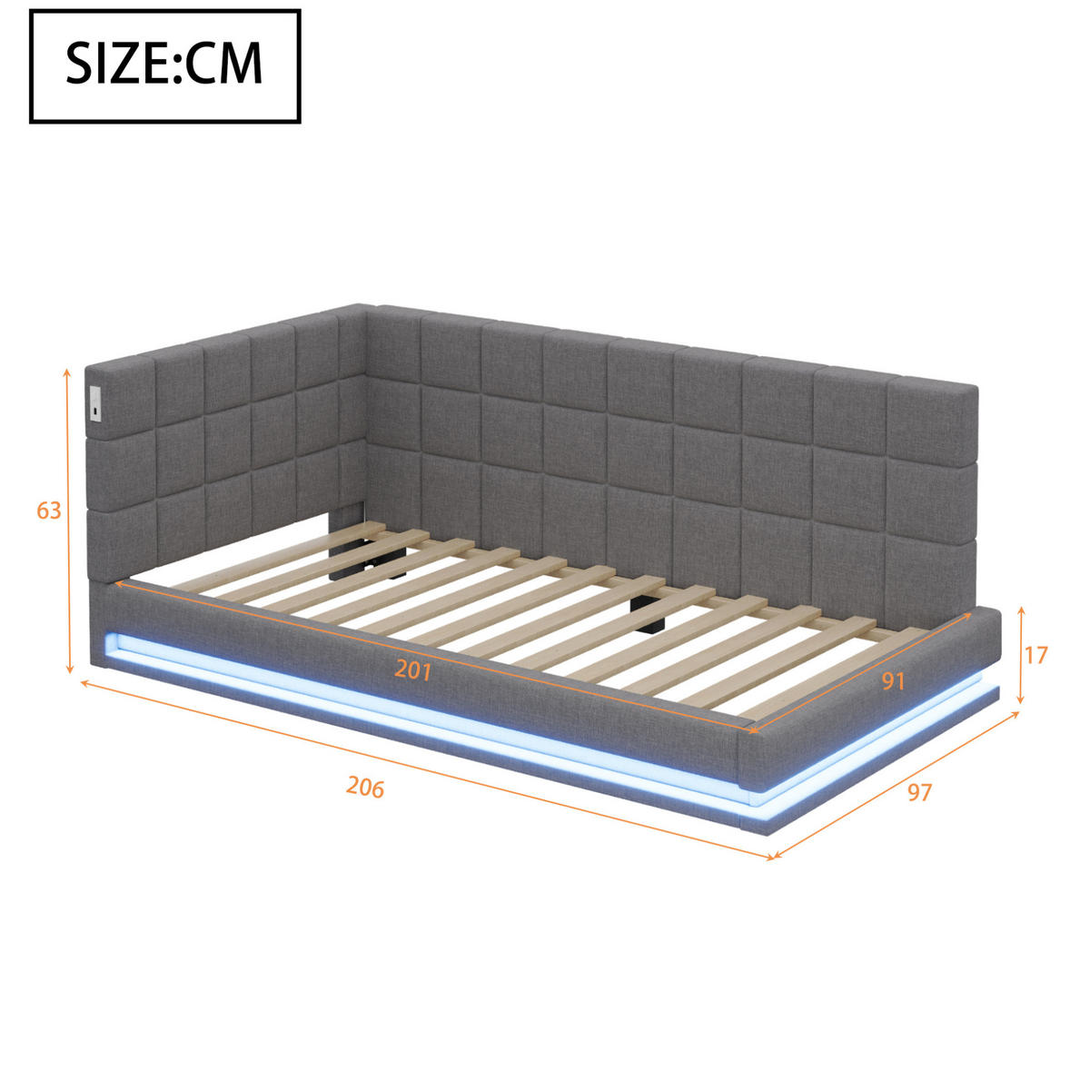 POLSTERBETT 90/200 cm mit LED-Beleuchtung, USB-Anschluss und Lattenrost aus Leinen, Grau - Grau, Textil (90/200cm) - Redom