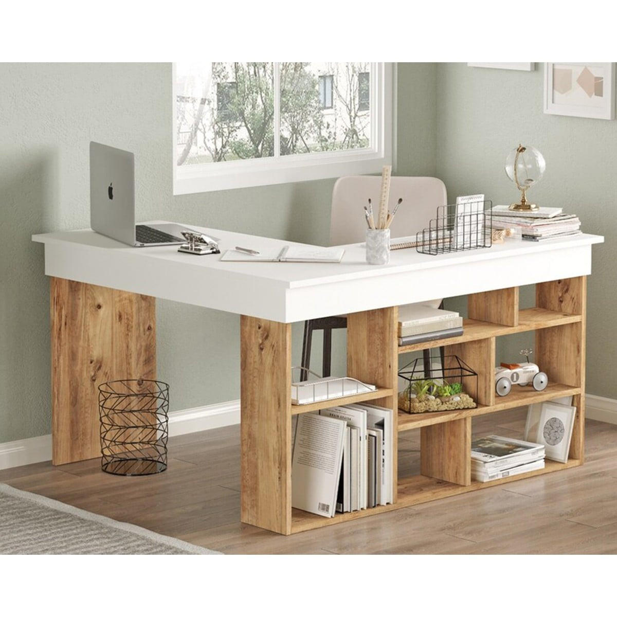 ECKSCHREIBTISCH mit Stauraum - Weiß & Naturfarben - LILEUL - Naturfarben, Holz (120/129/72cm) - Vente-Unique