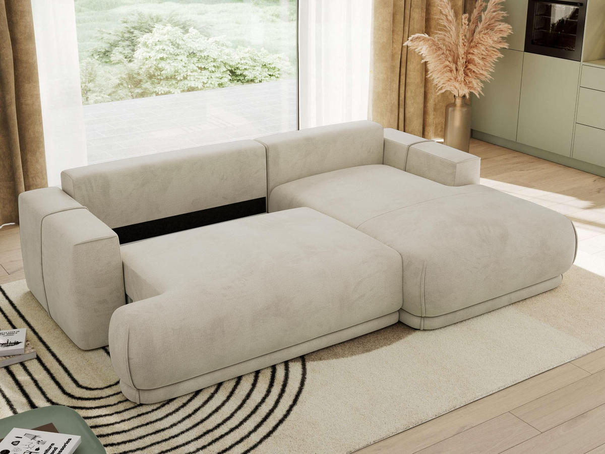 ECKSCHLAFSOFA RINA L Beige Velvet - rechts - Beige/Schwarz, Kunststoff/Textil (172/266cm) - MKS
