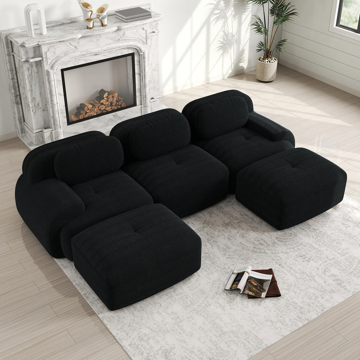 WOHNLANDSCHAFT Cord Schwarz montagefrei und rutschfest - Schwarz, Textil (298/75/178cm) - WISHDOR