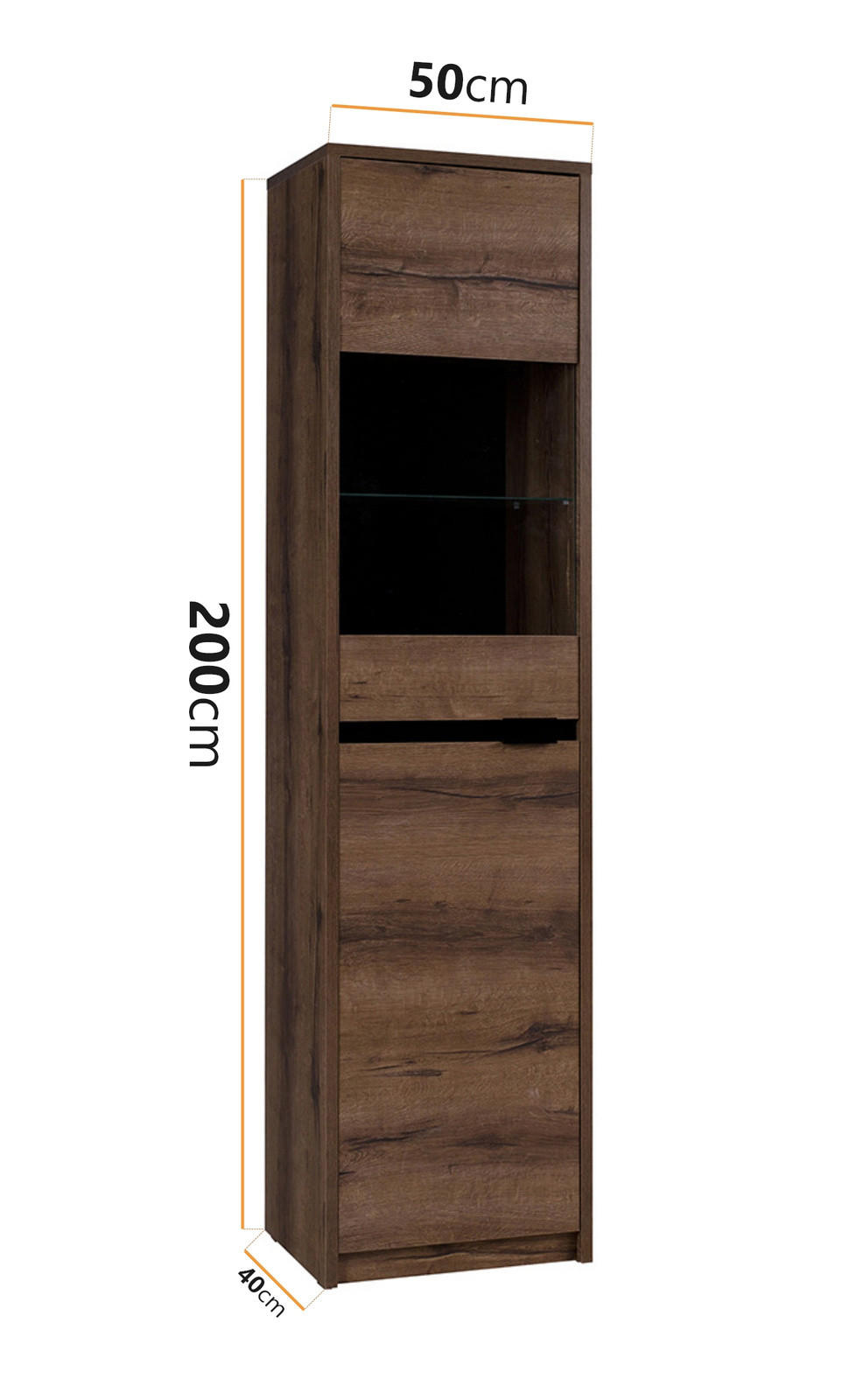 HOCHVITRINE Martin 50 cm breite - Schwarz Hochglanz/Schwarz, Glas/Holzwerkstoff (50/200/40cm) - Ravio