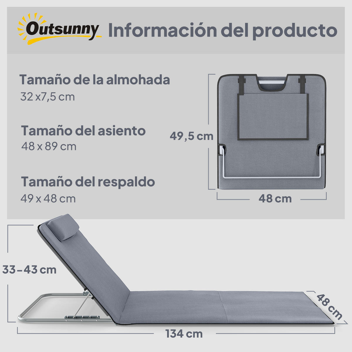 SONNENLIEGE 2er-Set Isomatten mit verstellbarer Rückenlehne Kopfstütze und Tragetasche 134 x 48 x 33–43 cm ,Grau - Grau, Metall (48/43/134cm) - Vallsero