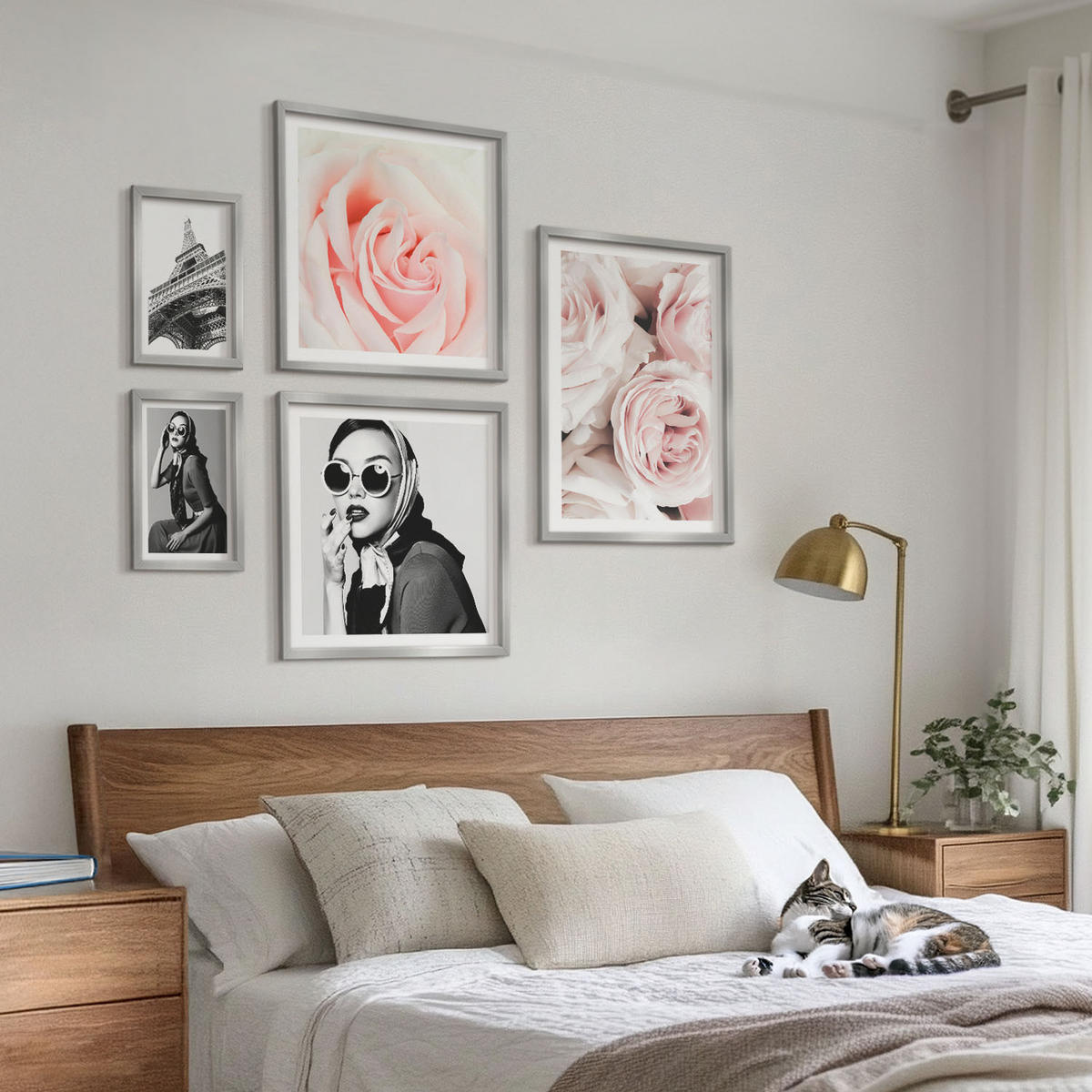 WANDBILDER 5er Set - 50x50 cm & 20x30 cm & 40x60 cm Silberner Rahmen - Blumen, Pfingstrosen, Rosen, Eleganz - Silberfarben, Kunststoff (40/60cm) - ArtPrintCave