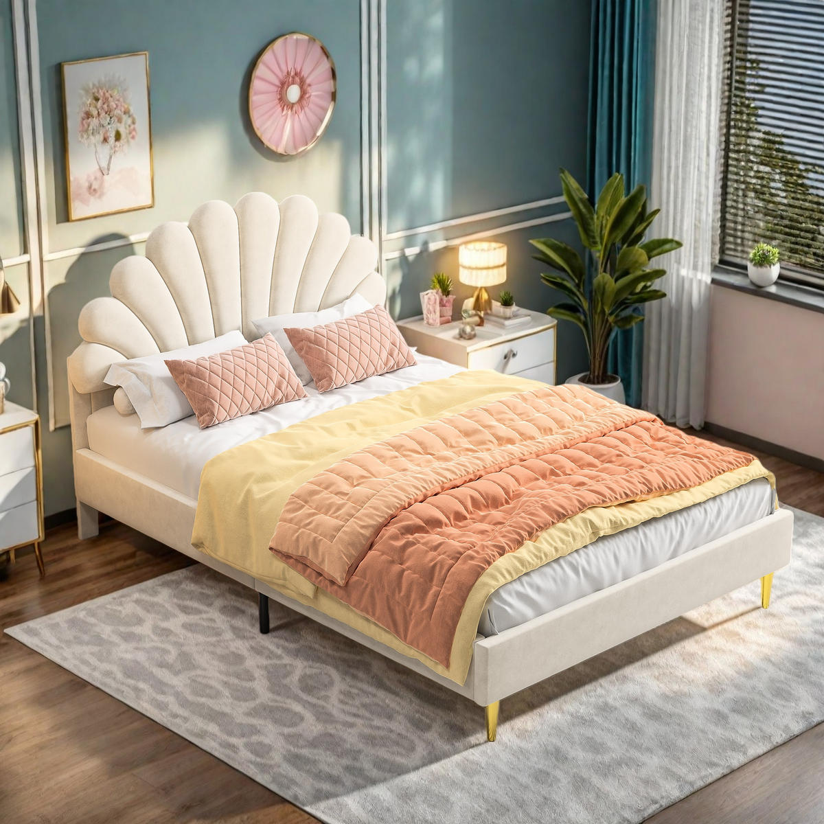 KINDERBETT 140 x 200 cm, Bettgestell mit floralem Kopfteil, beige, Samt, Doppelbett, Lattenrost. - Beige, Holz (140/200cm) - WoodenAura