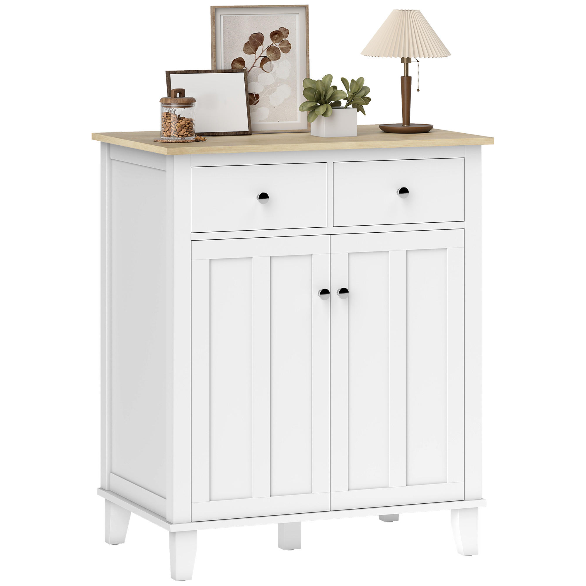 SIDEBOARD Weiß und Holzfarben, 2 Türen, 2 Schubladen, 76/48/91 cm - Weiß, Holz (76/91/48cm) - PANGIVO