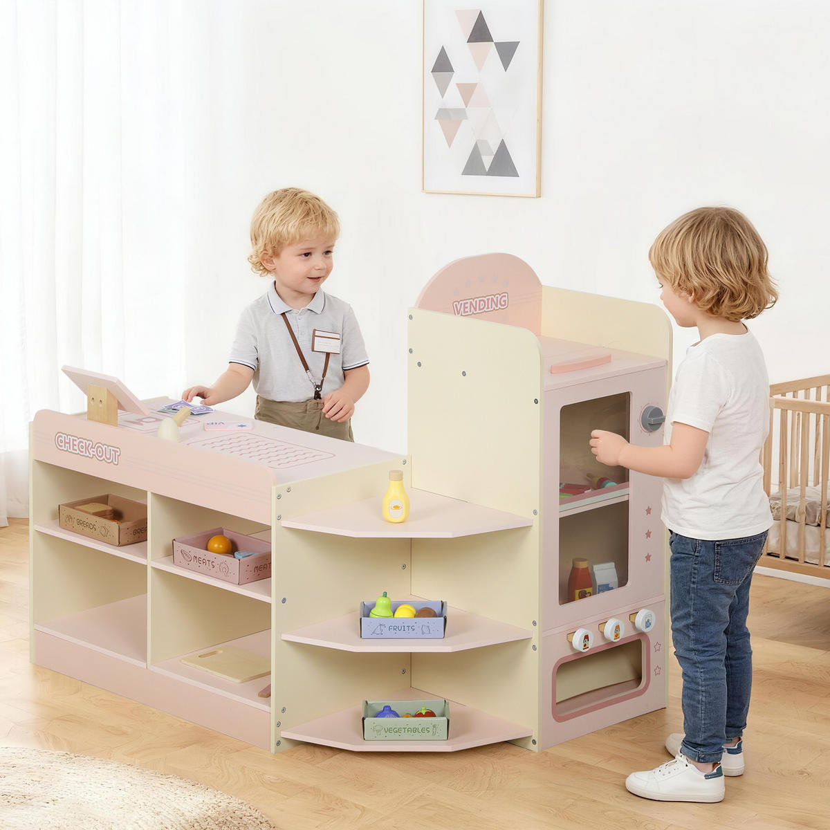 SPIELSUPERMARKT DE-18739 mit Kasse, Waage & Kühlschrank Grün - Pink, Holzwerkstoff (60/73.8/90.7cm) - ComfortXL