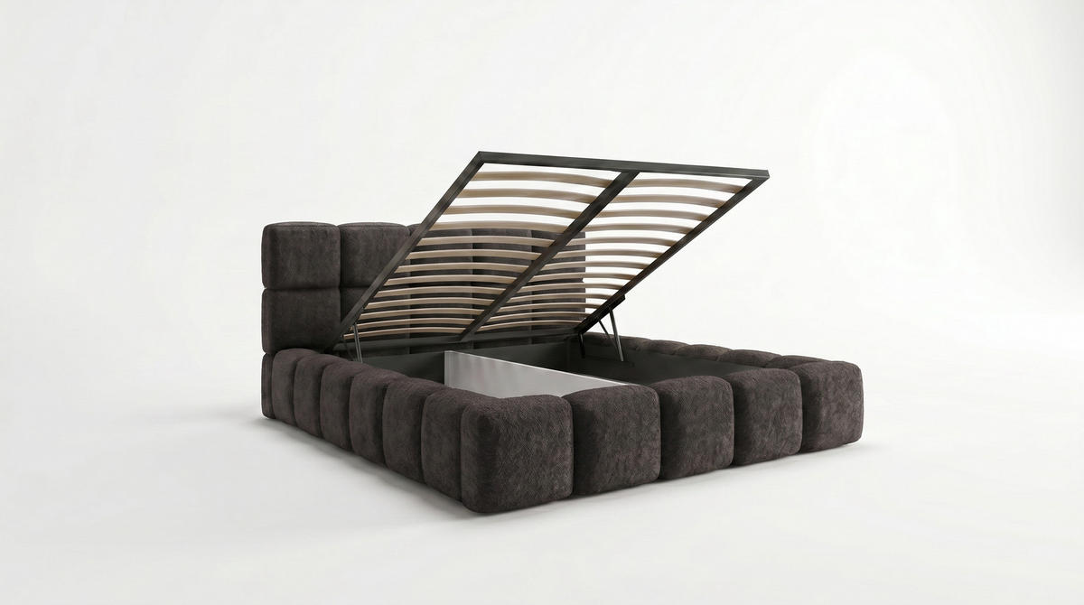 POLSTERBETT LOMBA 200x200 cm mit Bettkasten und Metall-Lattenrost – Bouclé Stoff Coral Schwarz - Schwarz, Textil (200/200cm) - Luxkor24