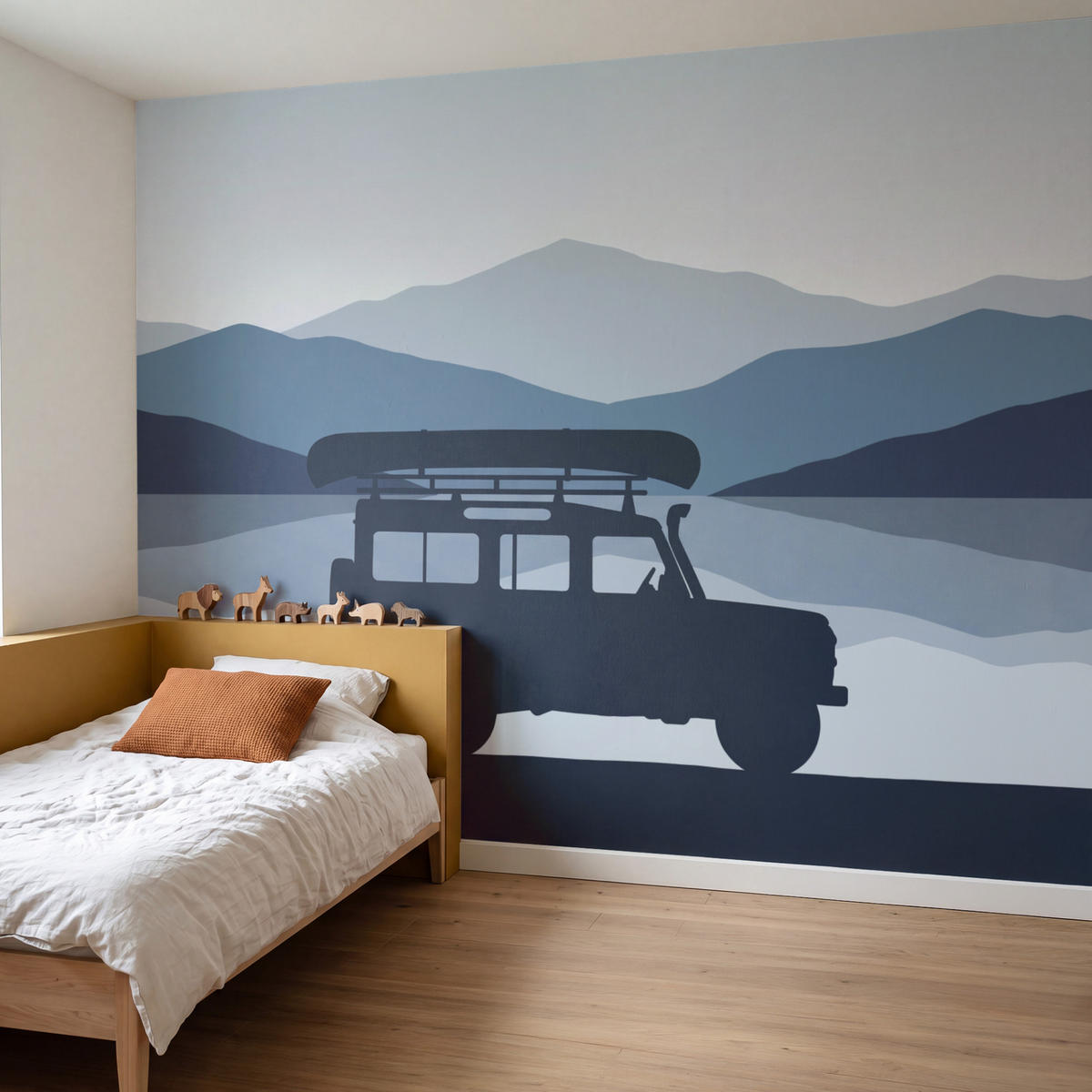 KINDERTAPETE - Auto - See - Berge - Blau - 280x200 cm - Blaugrau, Papier (280/200cm) - OnlyWow