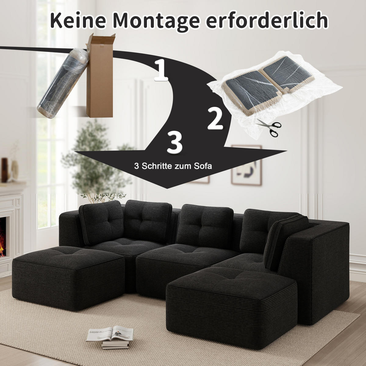 ECKSOFA 297/177/69 cm schwarz aus Cord mit modularem Design ohne Montage - Schwarz, Textil (177/297cm) - OKWISH
