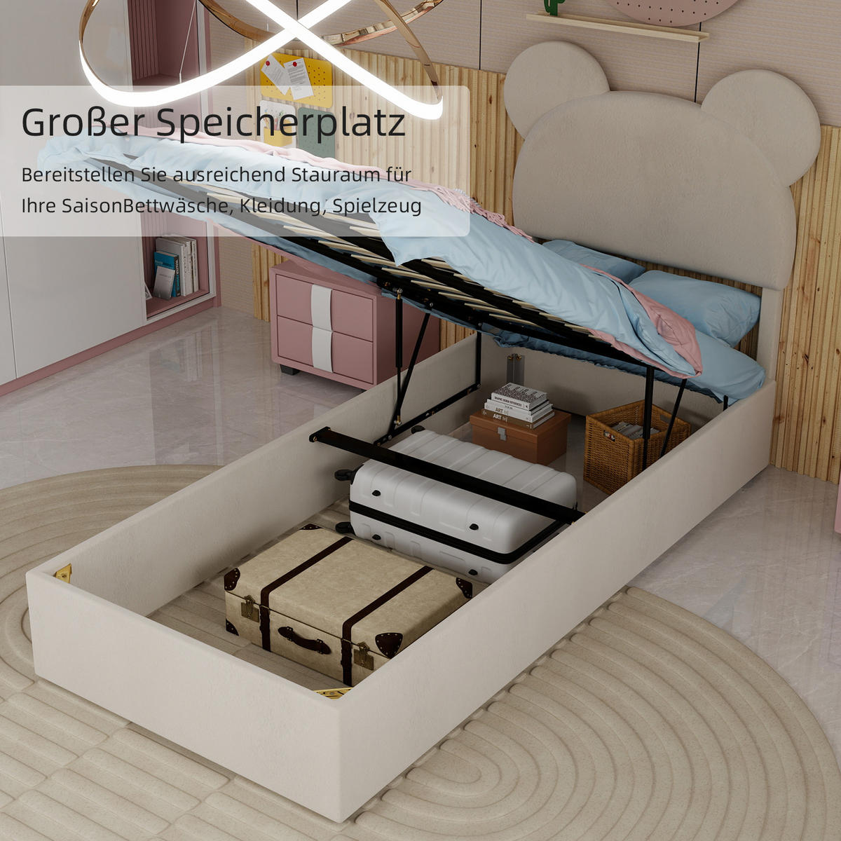 POLSTERBETT 90x200 cm Cartoon Stauraum beige - Beige, Textil (90/200cm) - Fortuna Lai