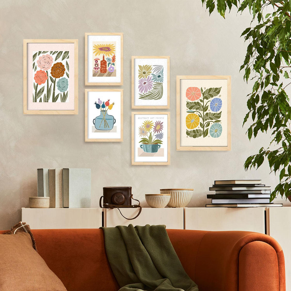 POSTER Set Mit 6 Drucken Blüten In Der Sammlung Ethnischer Style Drucke Dekorative Rahmen Für Zuhause Wandkunstdruck A3 & A4 Rahmen Aus Hellem Holz - Beige, Papier (29/3cm) - Nacnic