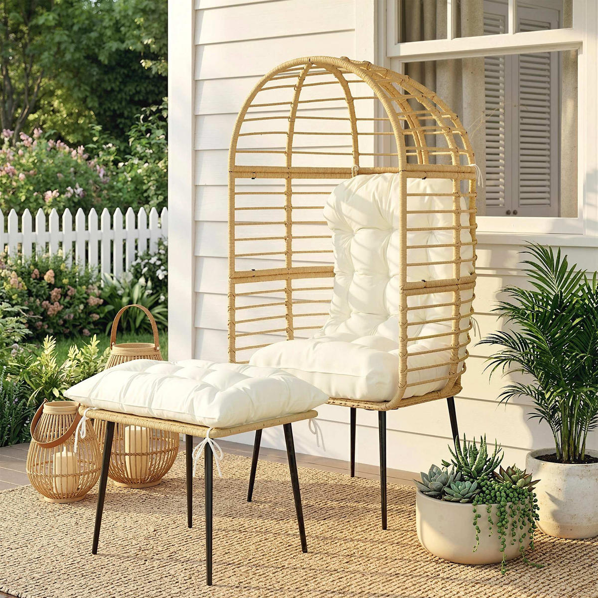 EIERSESSEL PE-Rattan Stahl Beige - Beige/Creme, Kunststoff/Textil (65/147/76cm) - Outsunny