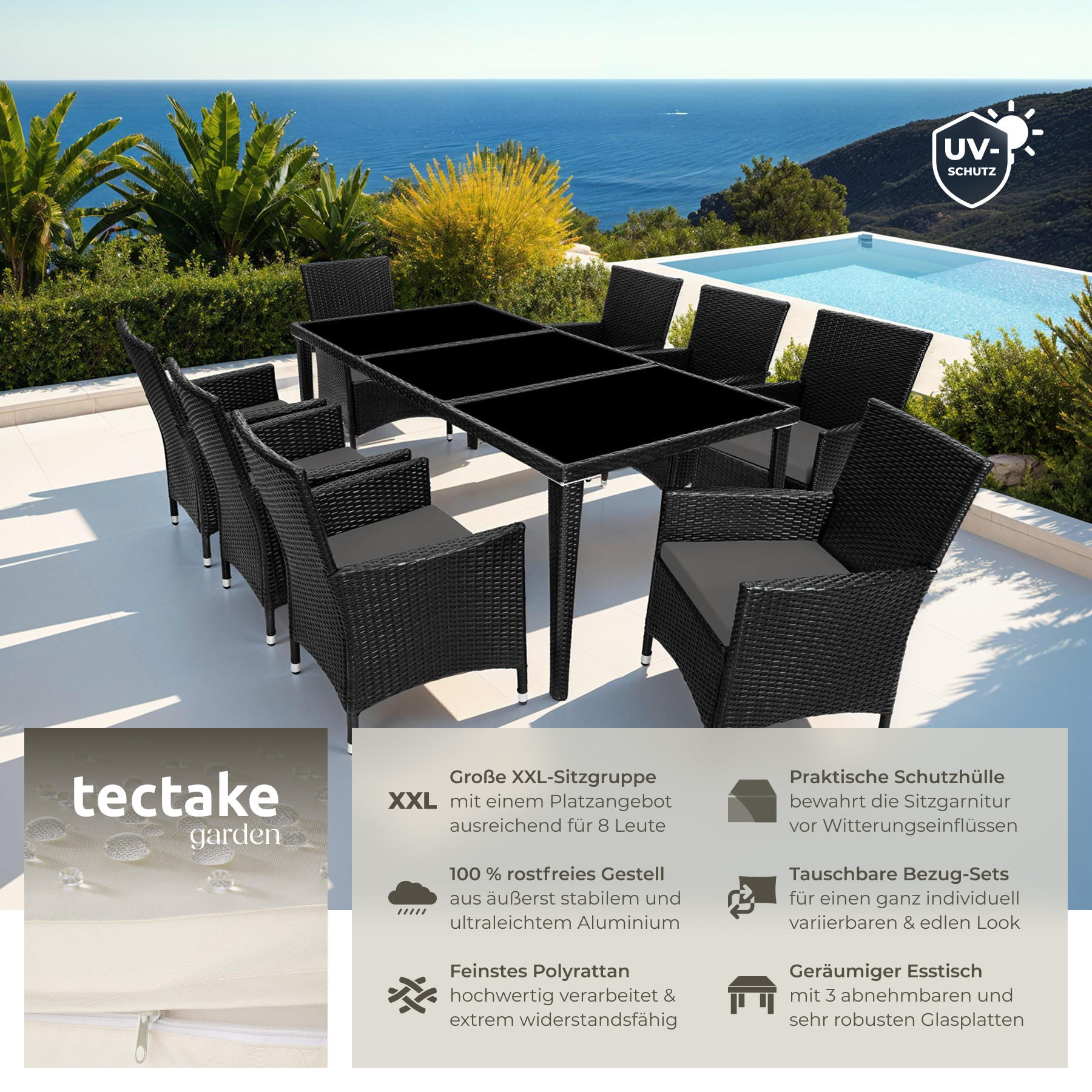 RATTAN SITZGRUPPE Menorca,2 Bezugssets, inklusive Schutzhülle,schwarz - Schwarz, Kunststoff - tectake