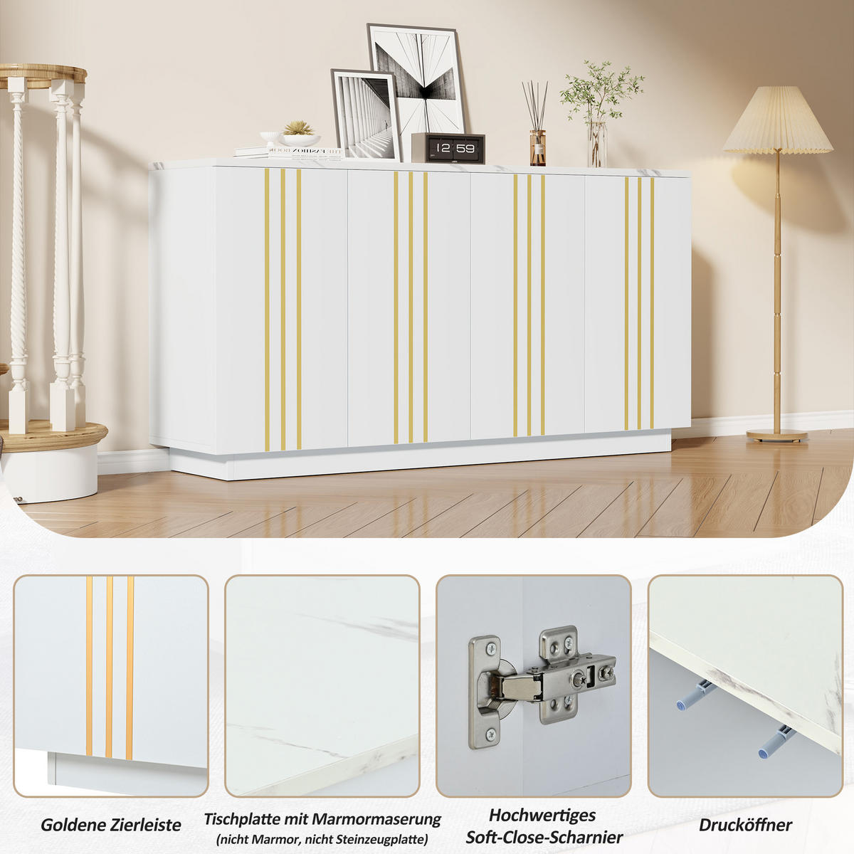 SIDEBOARD Weiß Gold 4 Türen 140cm verstellbare Fächer Modern - Weiß, Holzwerkstoff (35/70/140cm) - FLIEKS