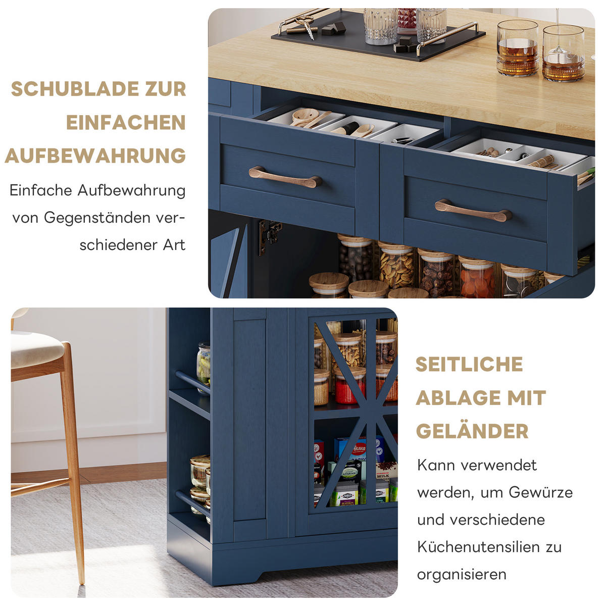 KÜCHENINSEL 120/40(65)/92 cm Blau mit Klappbarem Esstisch, 2 Steckdosen, USB, 2 Schubladen und Offenen Regalen - Blau, Holz/Holzwerkstoff (65/92/120cm) - Oxeza
