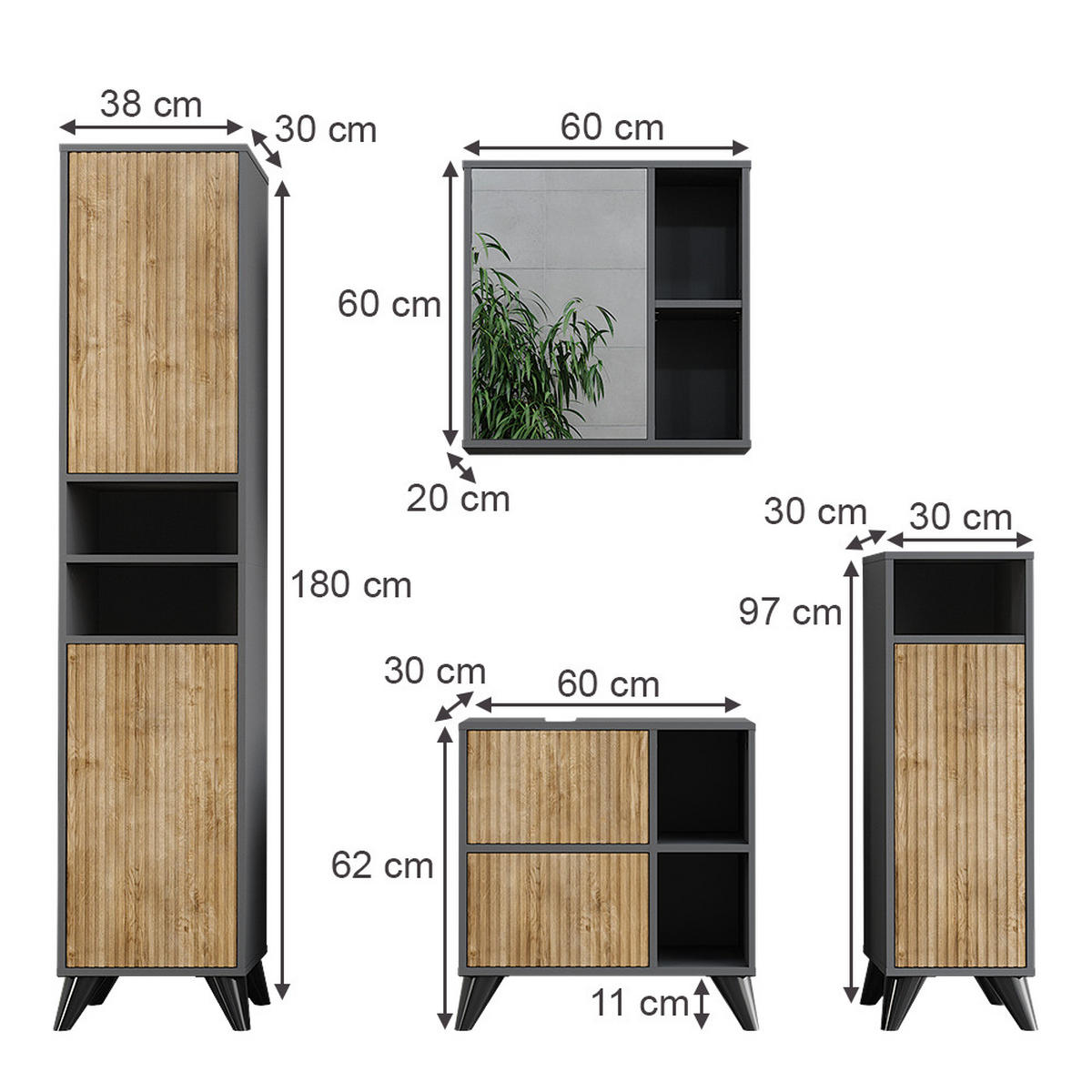 BADMÖBEL-SET Leano Anthrazit/Bergeiche Set 4 - Eichefarben/Anthrazit, Holzwerkstoff (60/62/30cm) - Vicco