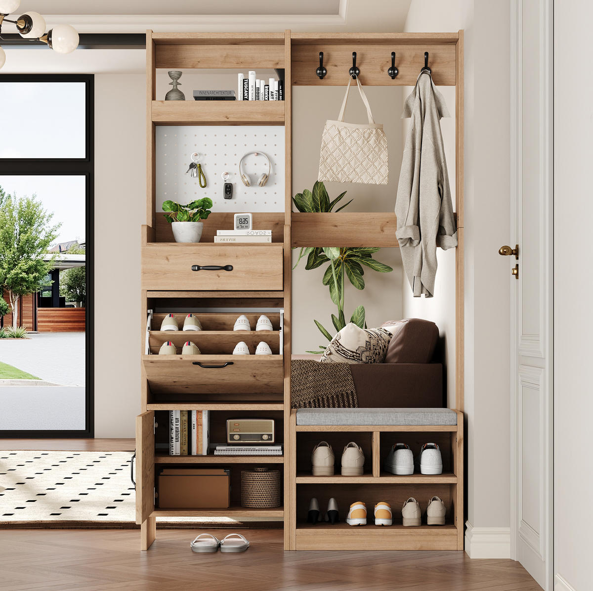 GARDEROBEN-SET mit Sitzbank 108,5 x 35 x 180 cm Natural+White 6-in-1 - Weiß, Holzwerkstoff (35/180/108.5cm) - Beauniv