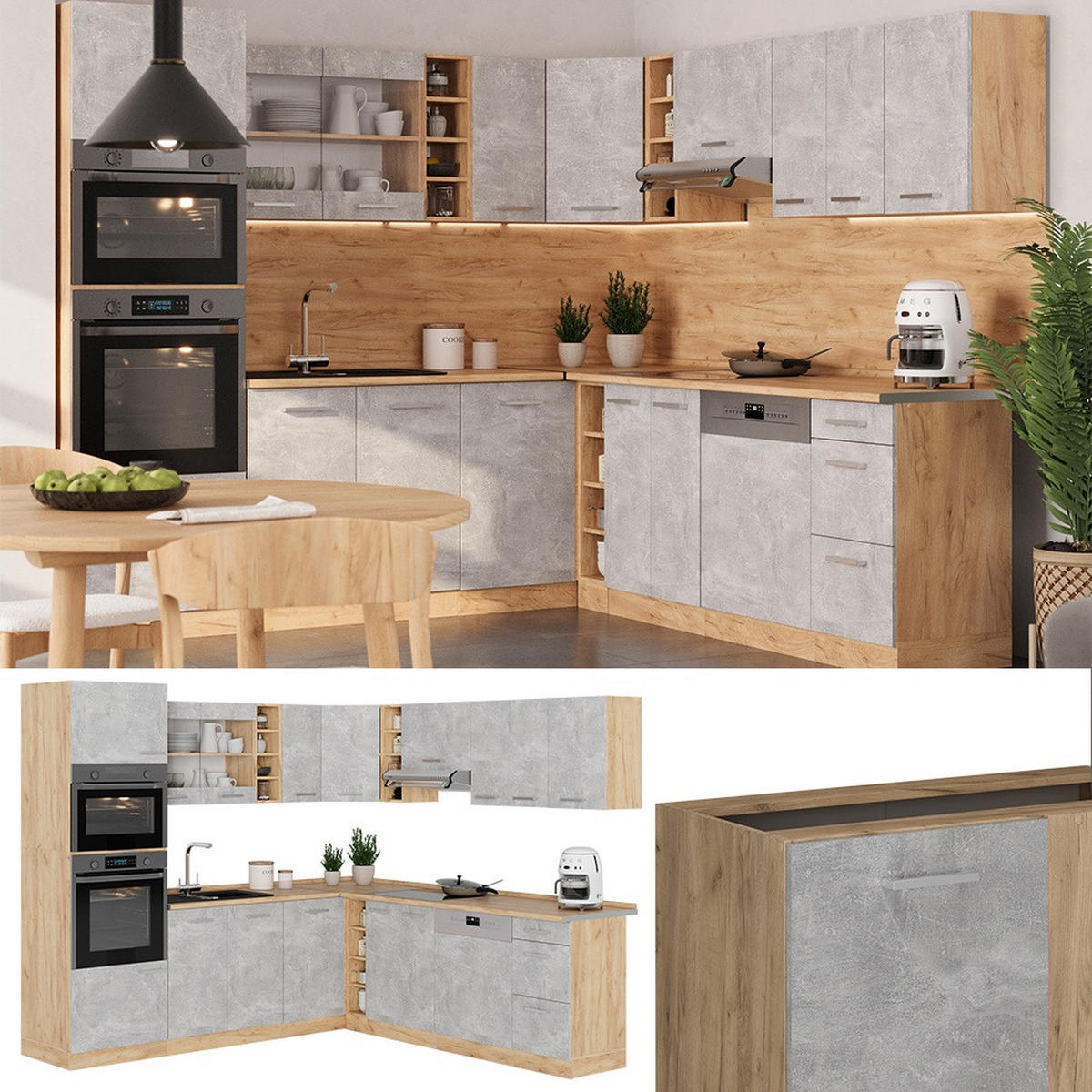 ECKKÜCHE R-Line, Beton/Goldkraft Eiche, 247 x 237 cm, AP Eiche - Honigeiche/Grau, Holzwerkstoff (247/206.8/60cm) - Vicco